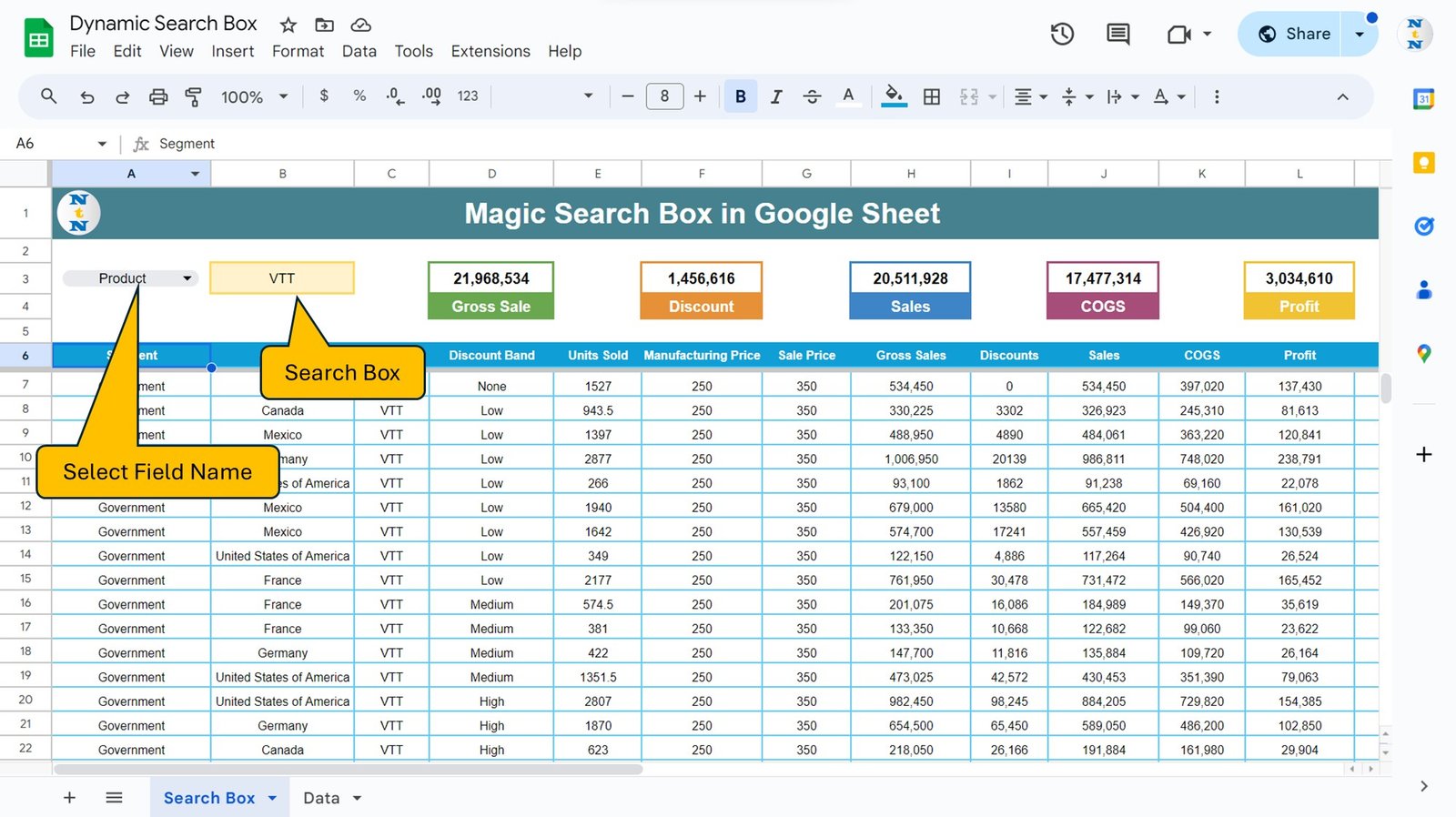 Search Box Sheet Tab