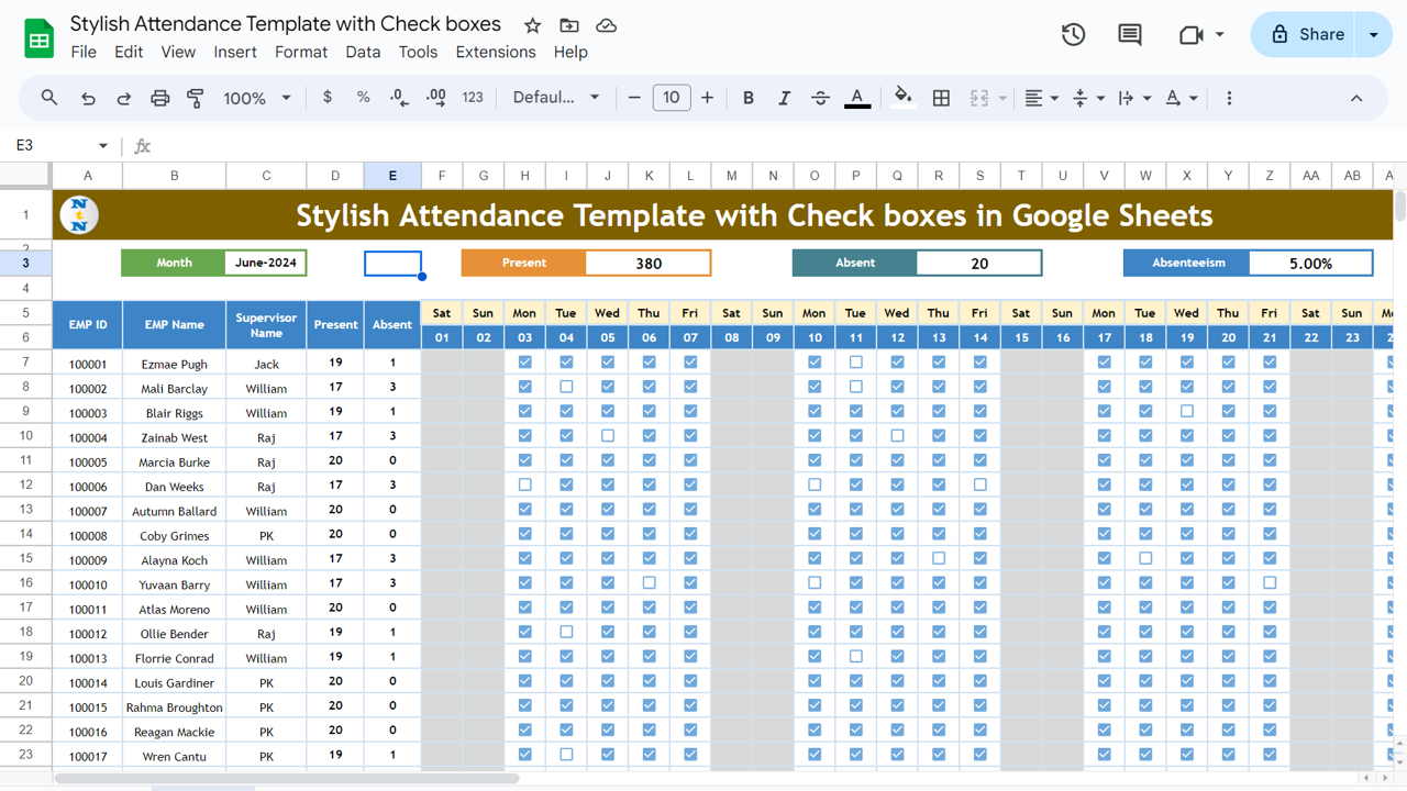 Monthly Attendance Template in Google Sheets