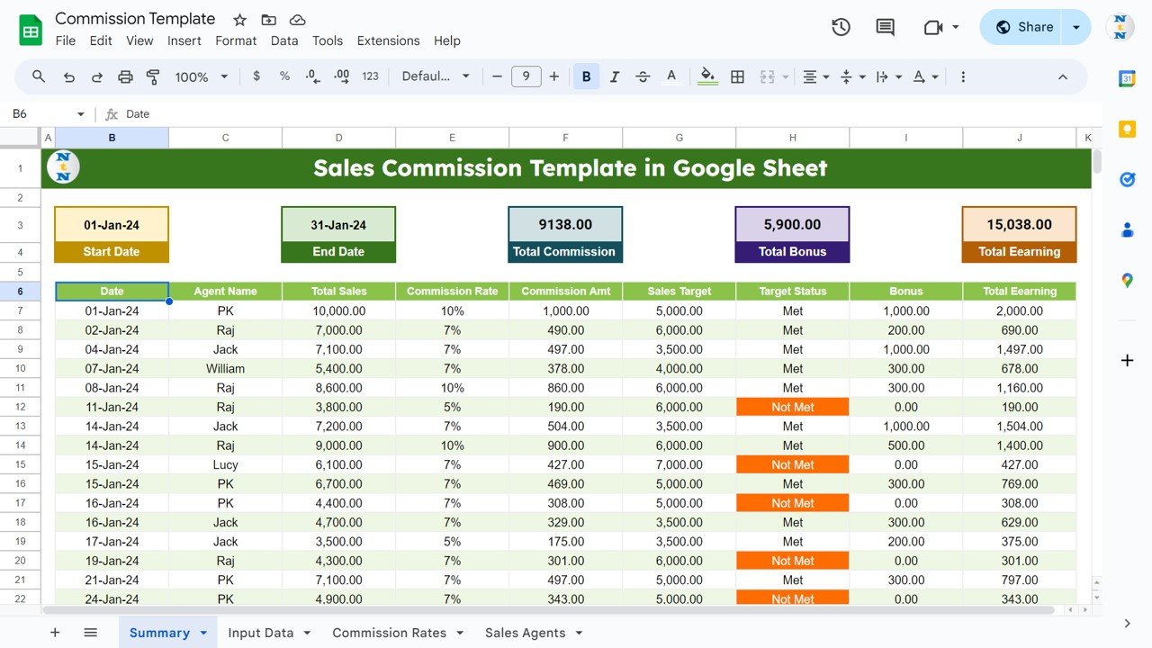 Sales Commission Template with Bonus Amount in Google sheet