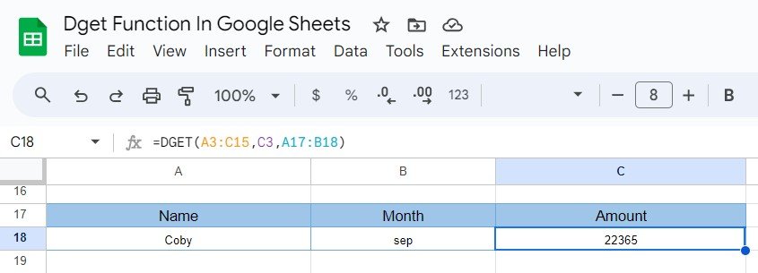 DGET Function in Google Sheets