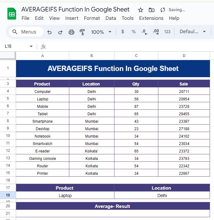 AVERAGEIFS Function in Google Sheets