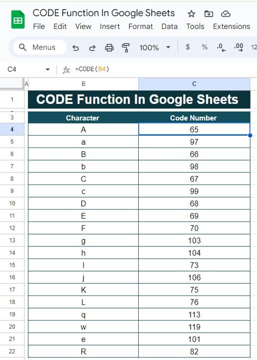 CODE Function in Google Sheets 