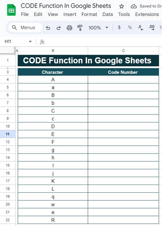 CODE Function in Google Sheets 