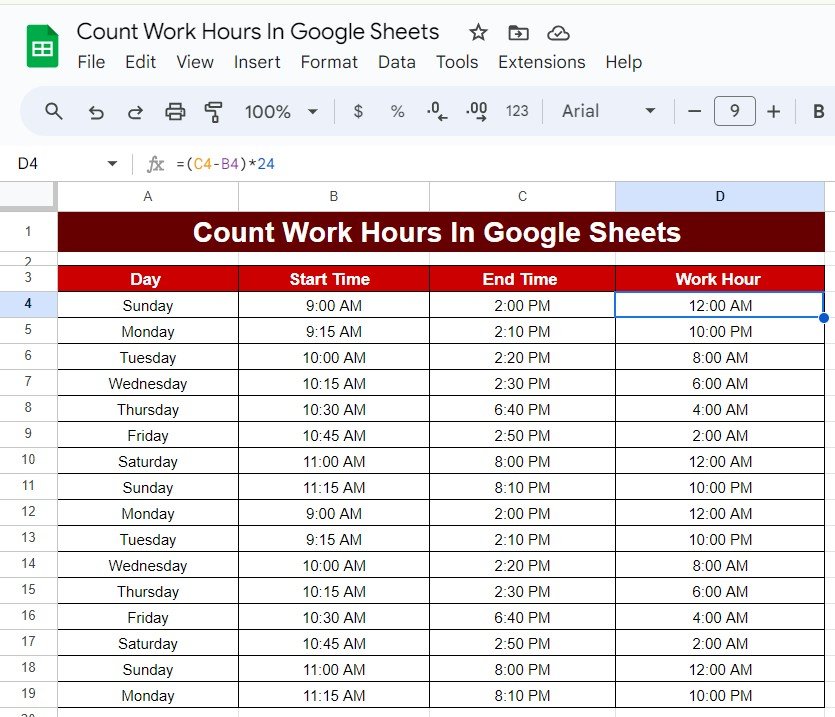 Count Work Hours in Google Sheets