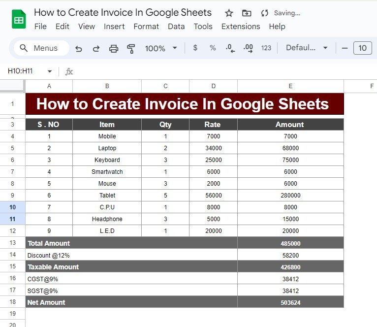 Create an Invoice in Google Sheets