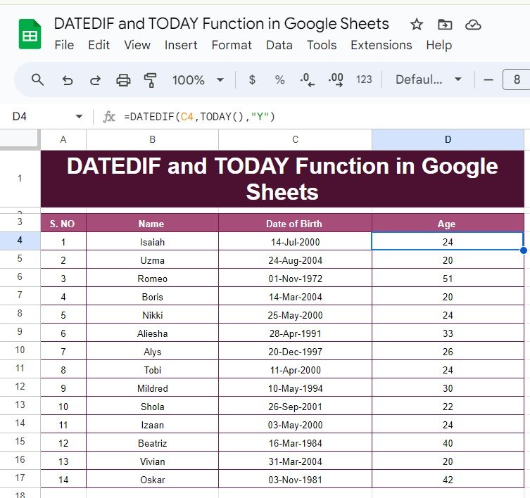 DATEDIF and TODAY Functions