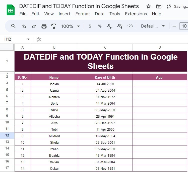 DATEDIF and TODAY Functions