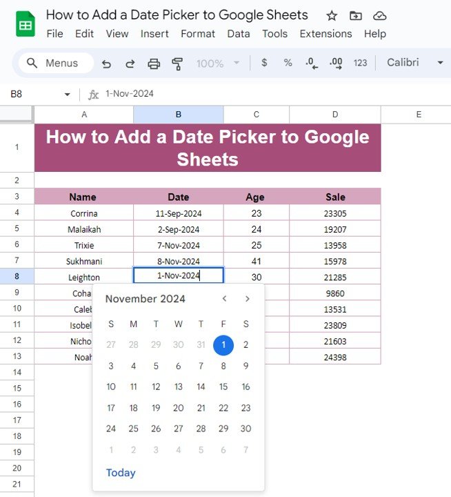 Date Picker to Google Sheets