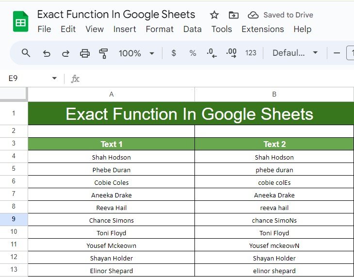 EXACT Function in Google Sheets