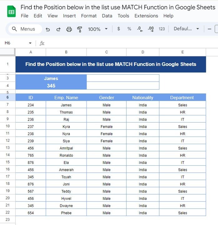 MATCH Function in Google Sheets