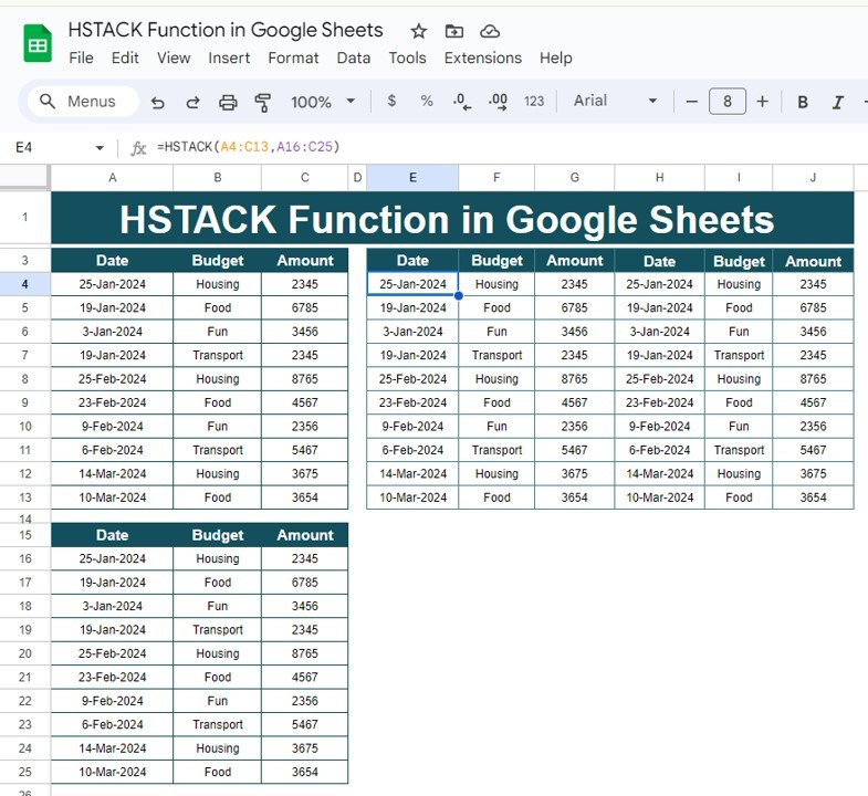  HSTACK Function in Google Sheets