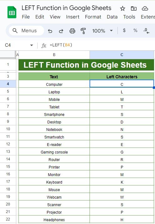 LEFT Function in Google Sheets