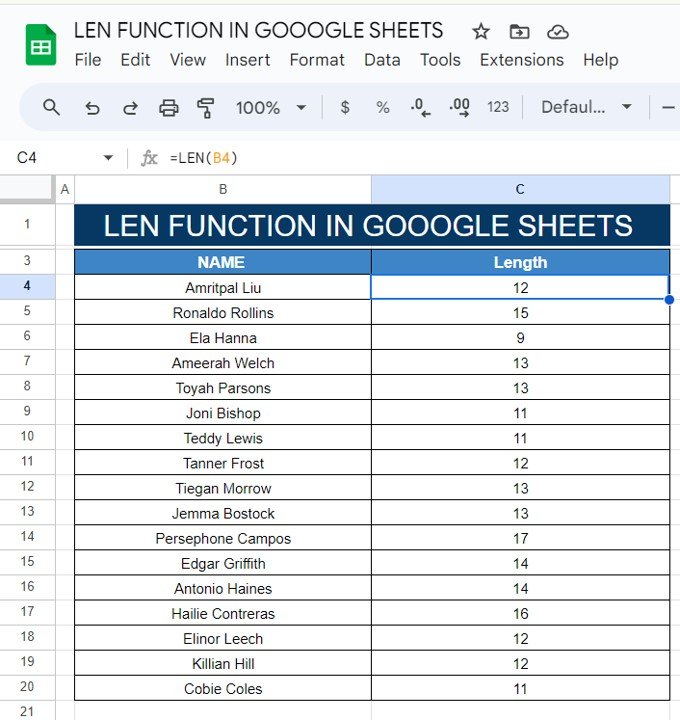 LEN Function in Google Sheets