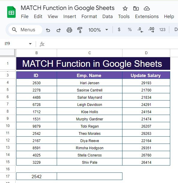 MATCH Function in Google Sheets