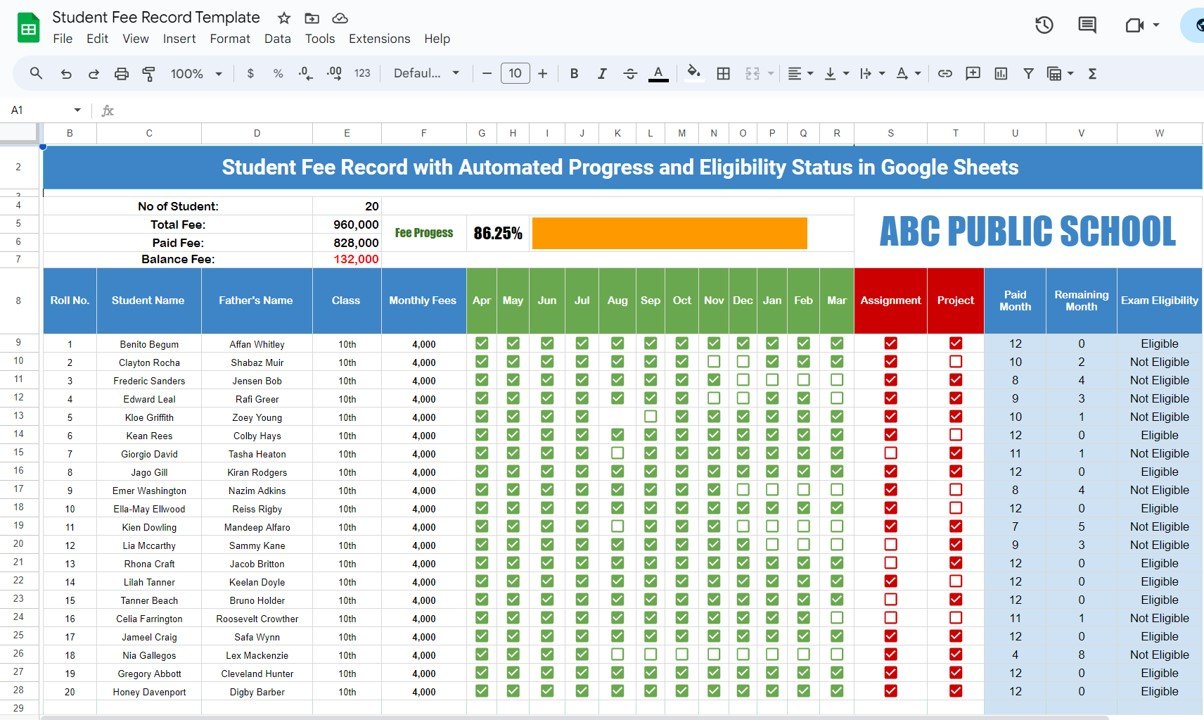 Student Fee Record Template in Google Sheets