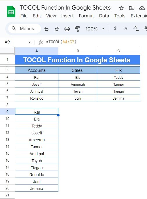 TOCOL Function in Google Sheets