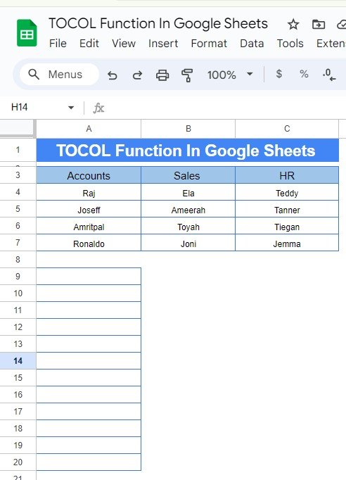 TOCOL Function in Google Sheets