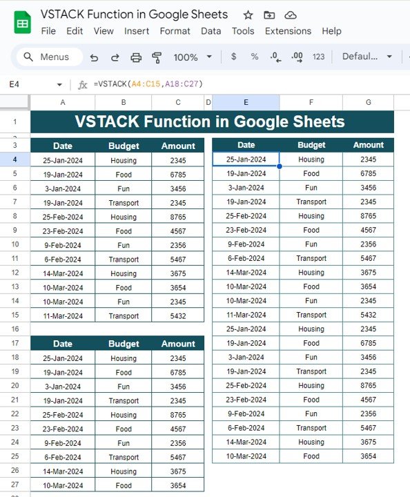 VSTACK Function in Google Sheets