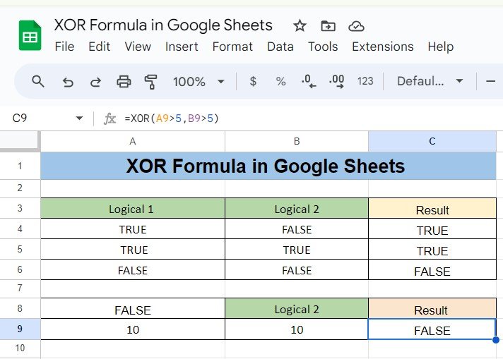 XOR Formula in Google Sheets