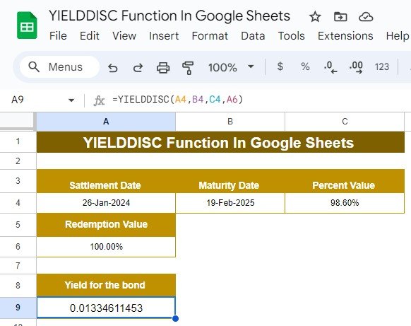  YIELDDISC Function in Google Sheets