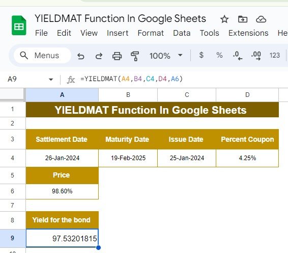 YIELDMAT Function in Google Sheets