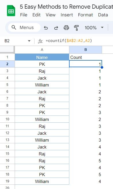 remove duplicates in Google Sheets