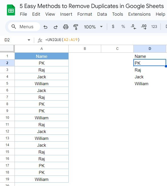 remove duplicates in Google Sheets