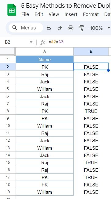 remove duplicates in Google Sheets