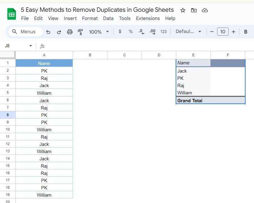 remove duplicates in Google Sheets