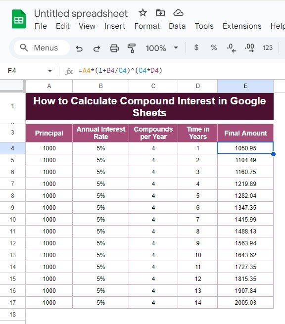 Compound interest in Google Sheets