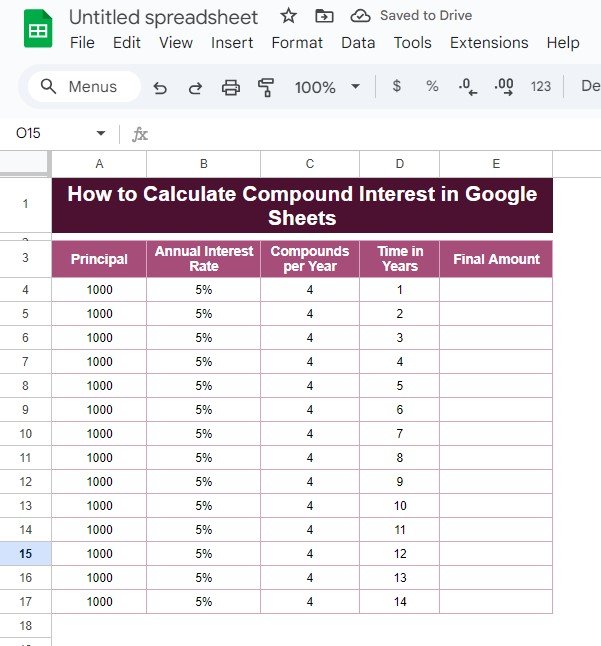 Compound interest in Google Sheets