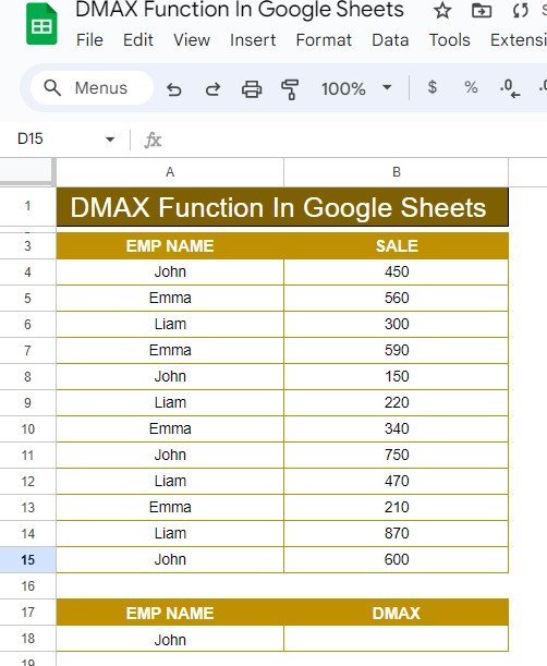 DMAX Function in Google Sheets