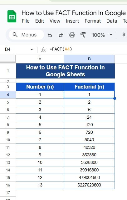 FACT Function in Google Sheets