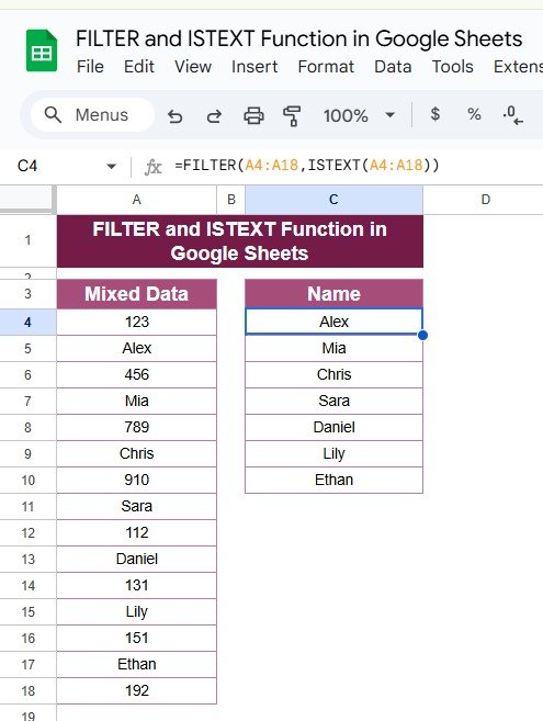 FILTER and ISTEXT Functions