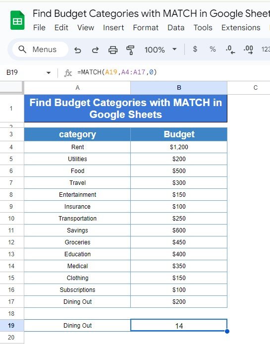 Find Budget Categories with MATCH in Google Sheets