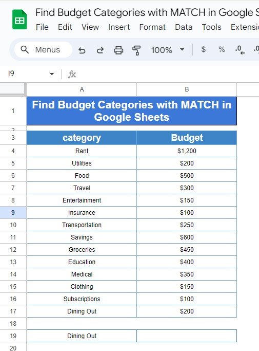 Find Budget Categories with MATCH in Google Sheets