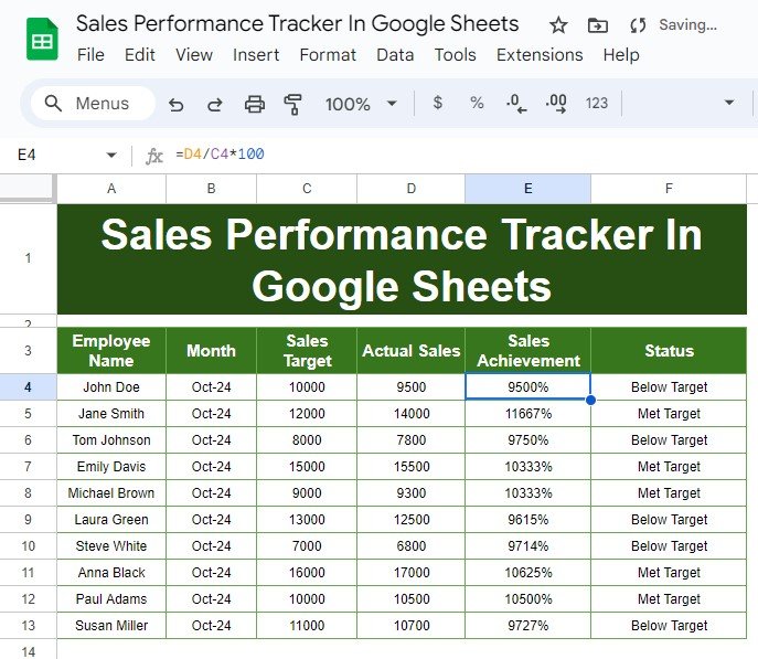 Sales Performance in Google Sheets