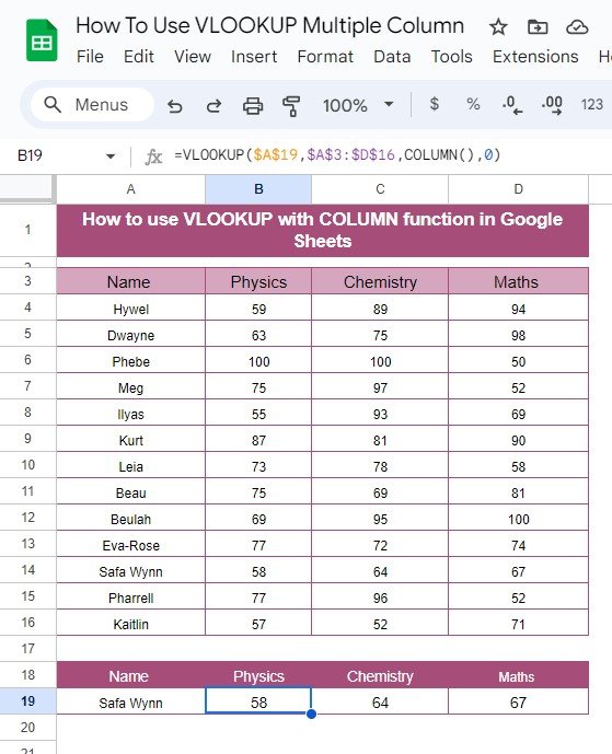 VLOOKUP with COLUMN Function