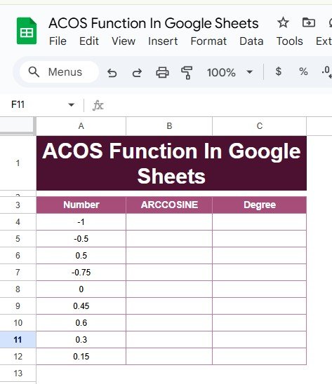 ACOS Function in Google Sheets