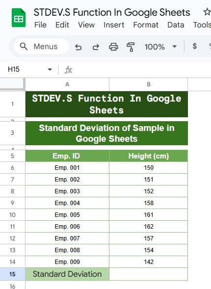 Standard Deviation of a Sample in Google Sheets