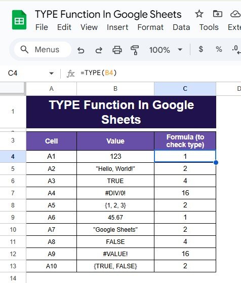 TYPE Function in Google Sheets