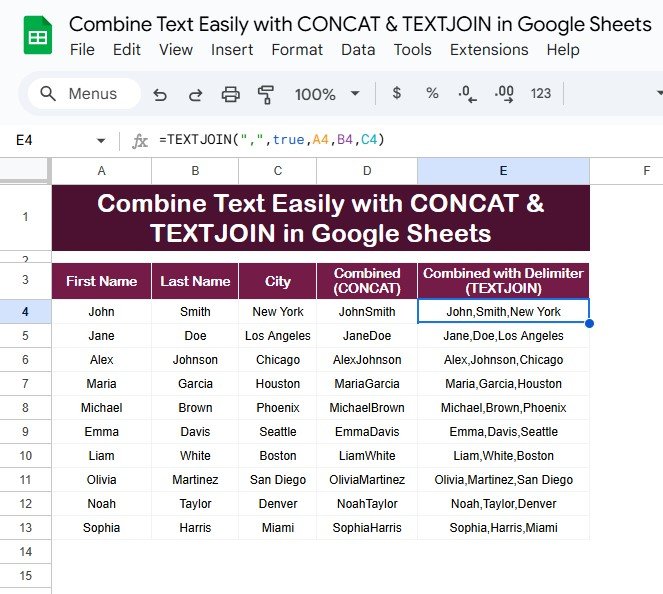 CONCAT & TEXTJOIN in Google Sheets