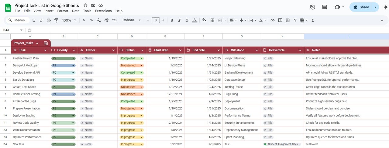 Project task list in google Sheets