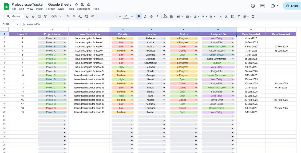 Project Issue Tracker in Google Sheets