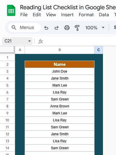 List Sheet Tab