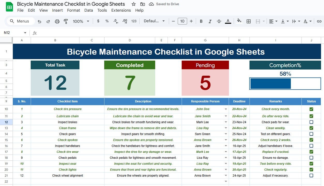 Bicycle Maintenance Checklist in Google Sheets