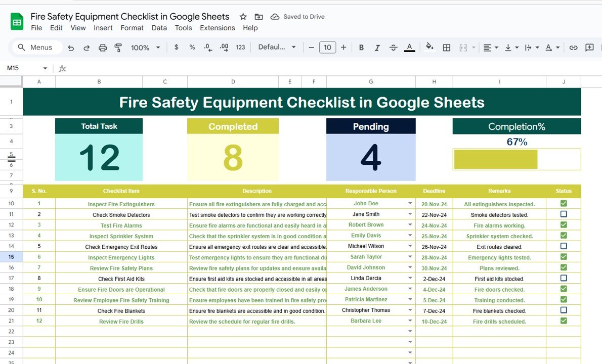 Fire Safety Equipment Checklist in Google Sheets