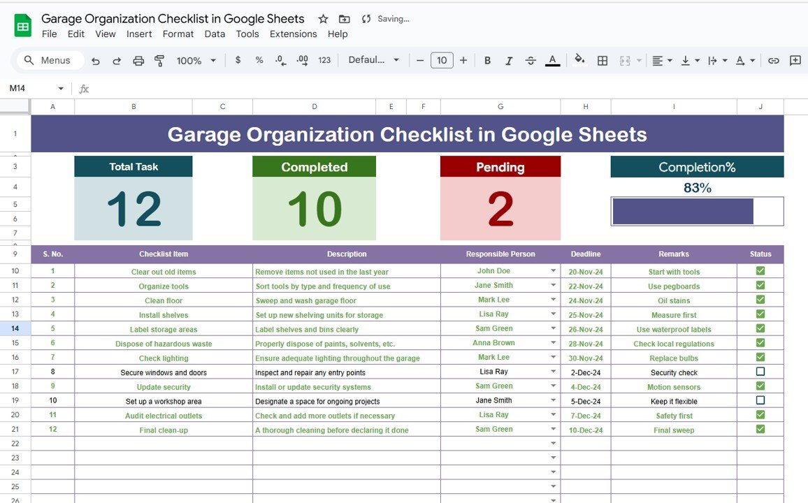 Garage Organization Checklist in Google Sheets