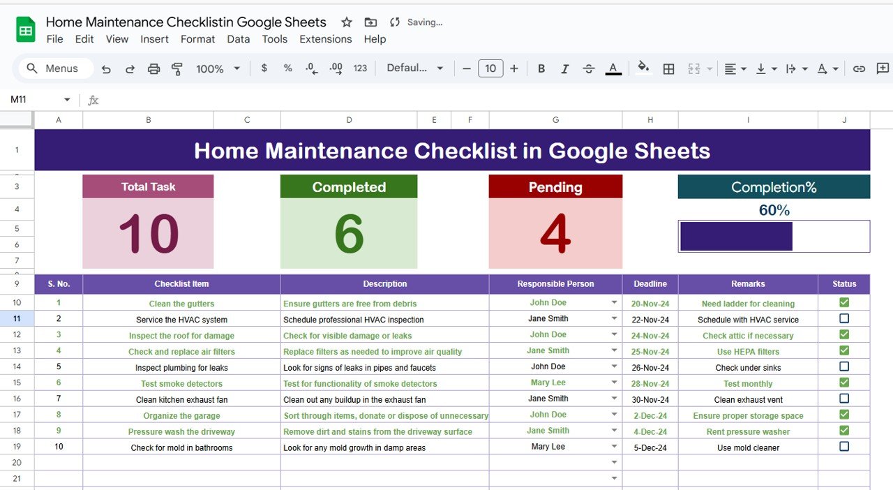 Home Maintenance Checklistin Google Sheets
