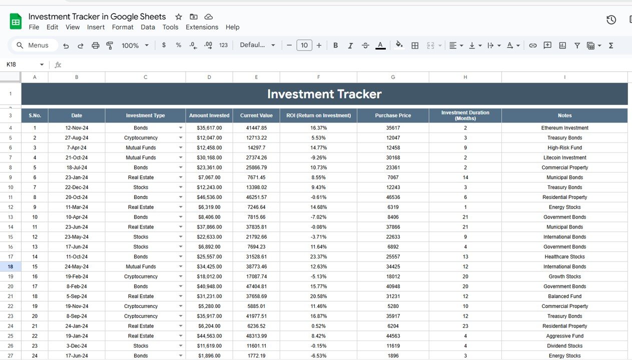 Investment Tracker Data Sheet Tab